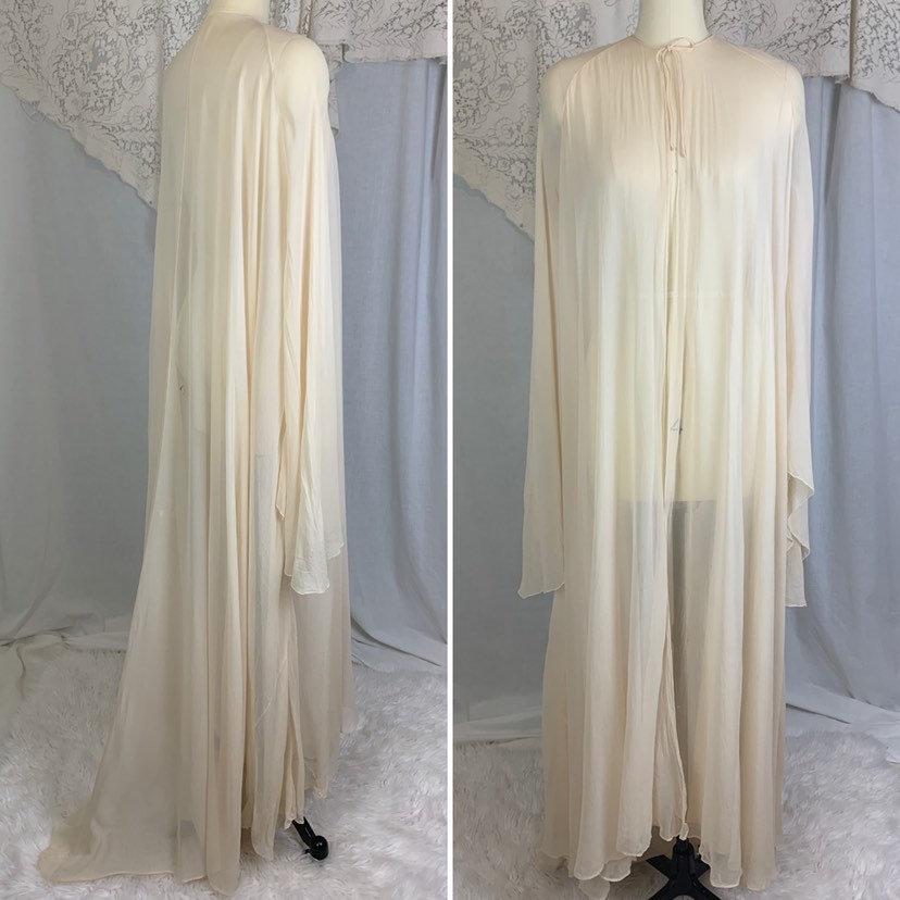 Antique 1920's Peignoir Robe | Size XS, SM | Sheer Ivory Silk Georgette with Angel Sleeves & Long Train Hem - Daggers & Dames