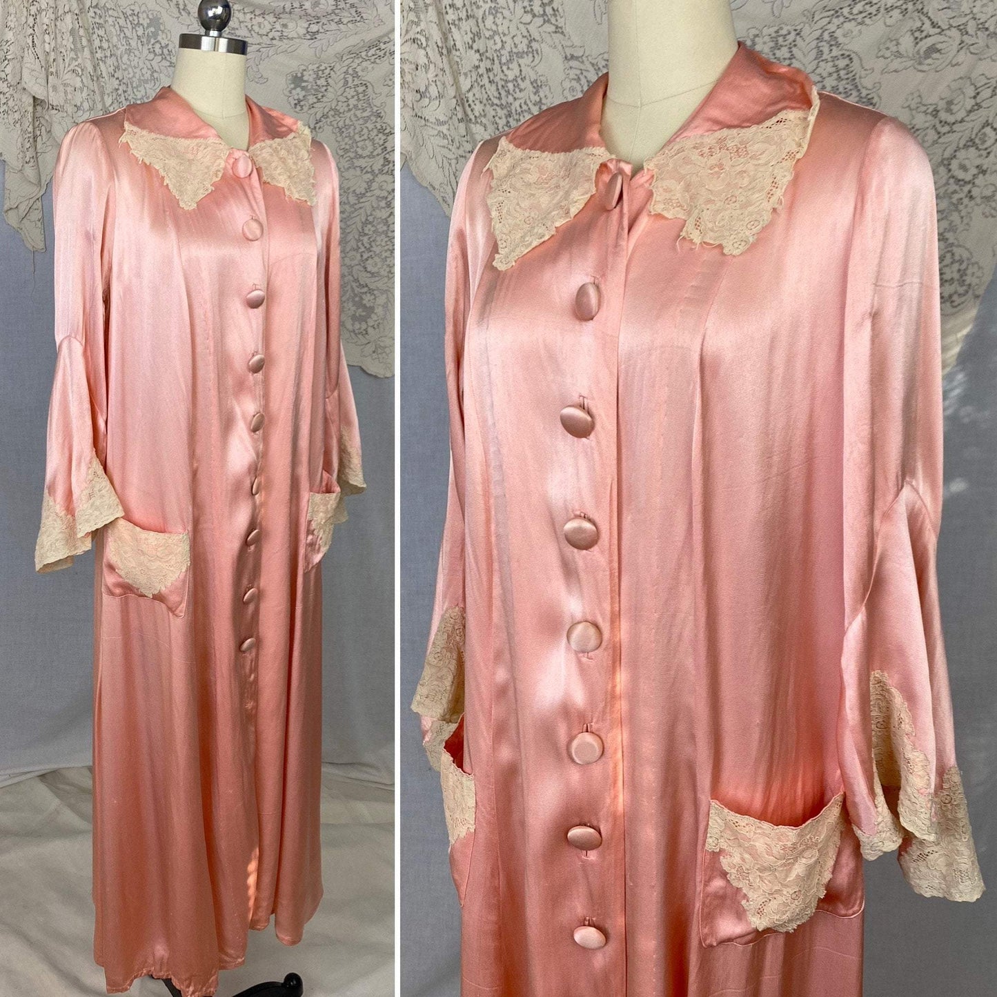 Antique 1920's Robe | Bold Rose Pink Rayon Charmeuse with Ivory Lace & Bell Sleeves | Size S, M, LG - Daggers & Dames