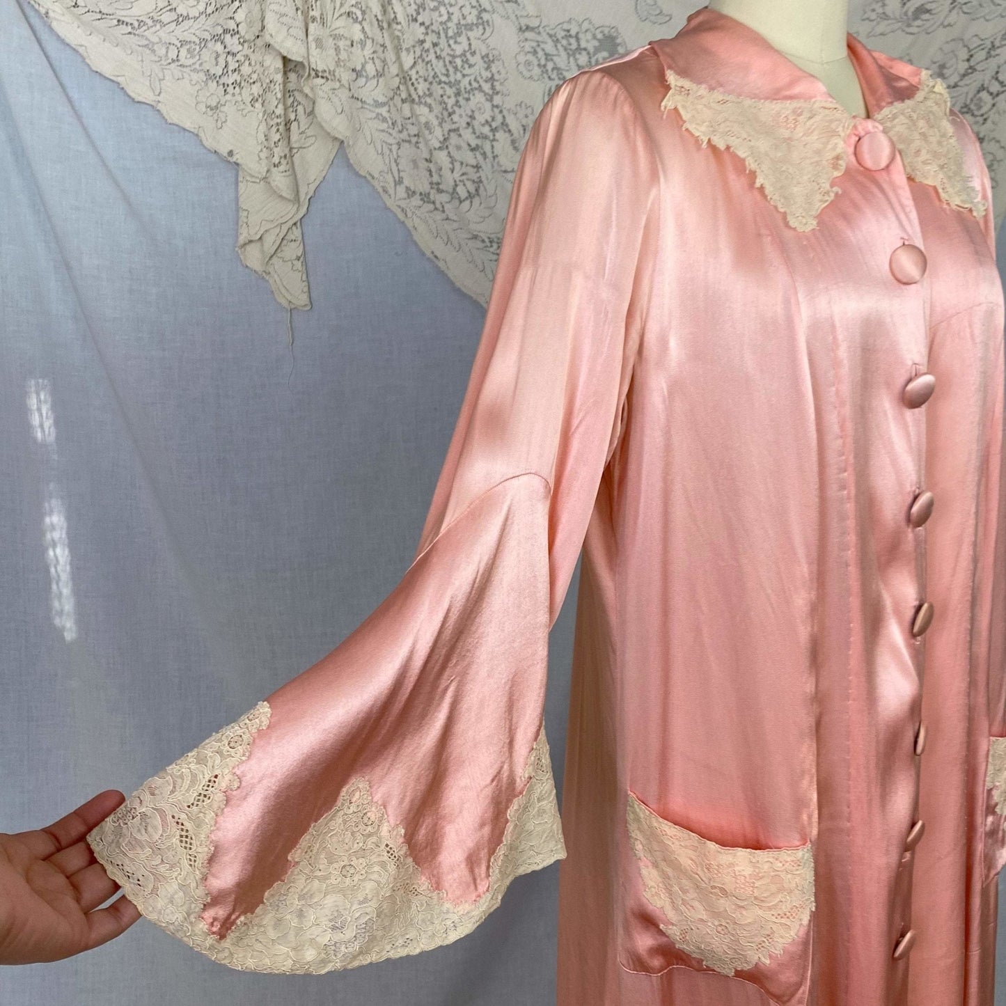 Antique 1920's Robe | Bold Rose Pink Rayon Charmeuse with Ivory Lace & Bell Sleeves | Size S, M, LG - Daggers & Dames