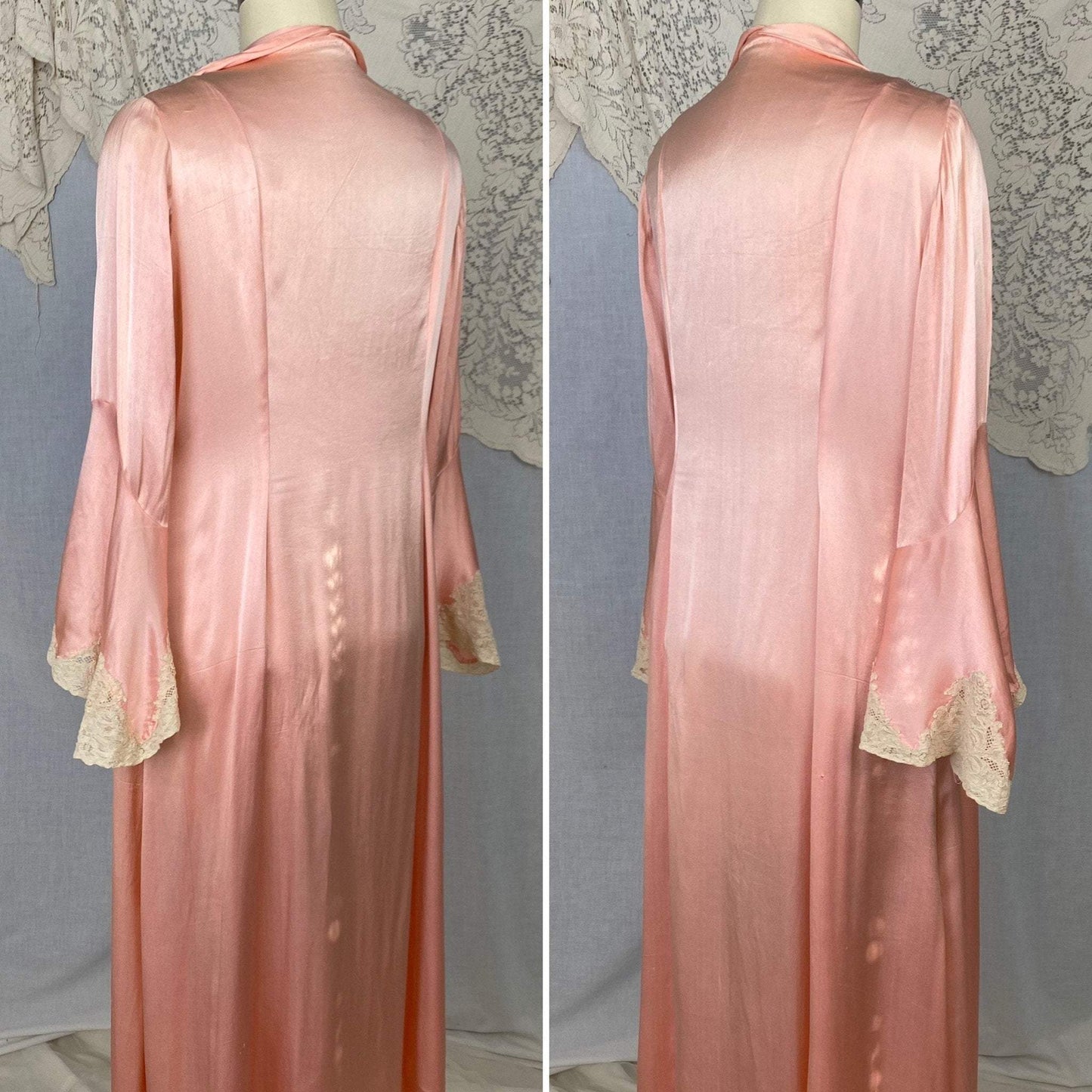 Antique 1920's Robe | Bold Rose Pink Rayon Charmeuse with Ivory Lace & Bell Sleeves | Size S, M, LG - Daggers & Dames