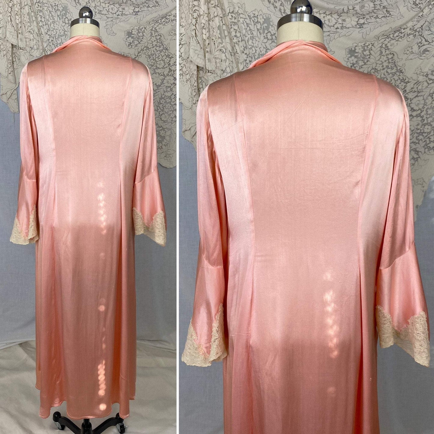 Antique 1920's Robe | Bold Rose Pink Rayon Charmeuse with Ivory Lace & Bell Sleeves | Size S, M, LG - Daggers & Dames