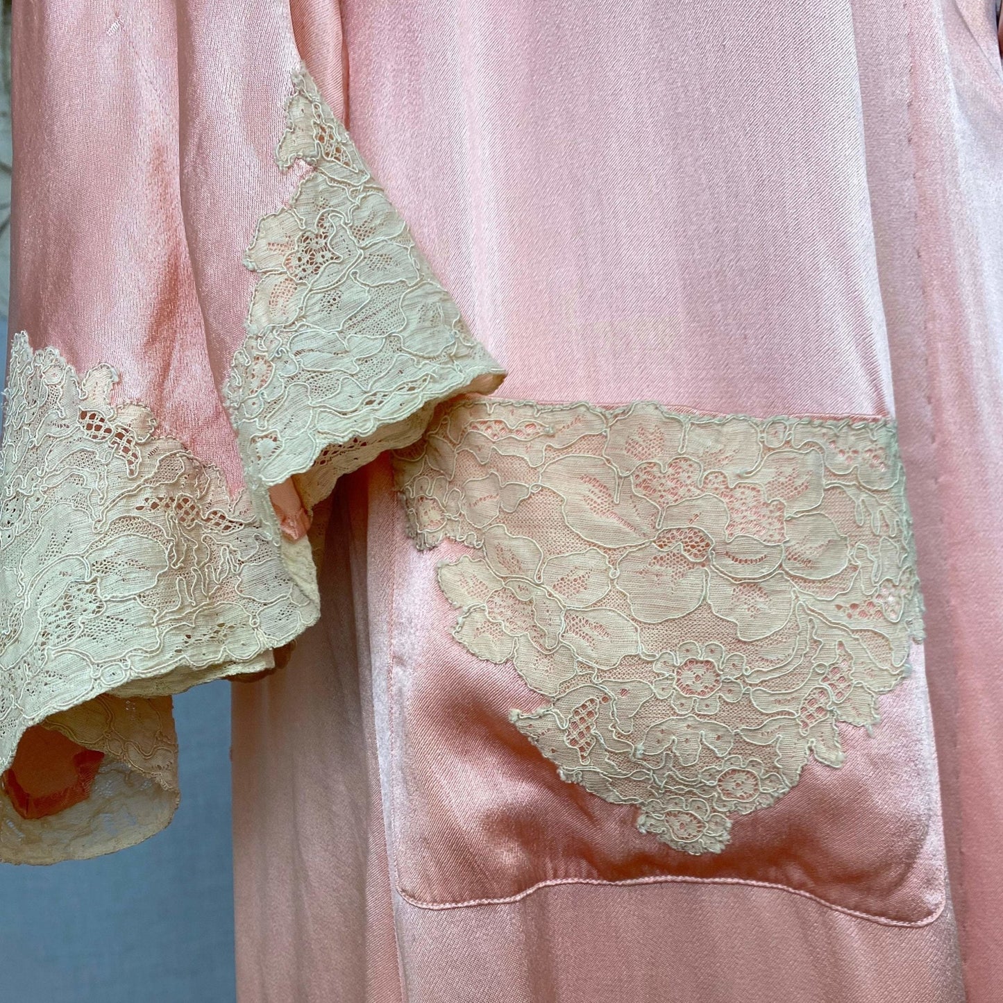 Antique 1920's Robe | Bold Rose Pink Rayon Charmeuse with Ivory Lace & Bell Sleeves | Size S, M, LG - Daggers & Dames