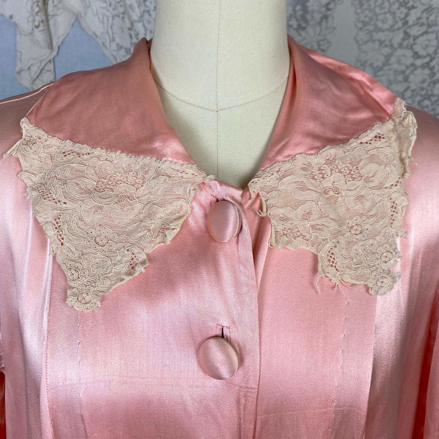 Antique 1920's Robe | Bold Rose Pink Rayon Charmeuse with Ivory Lace & Bell Sleeves | Size S, M, LG - Daggers & Dames