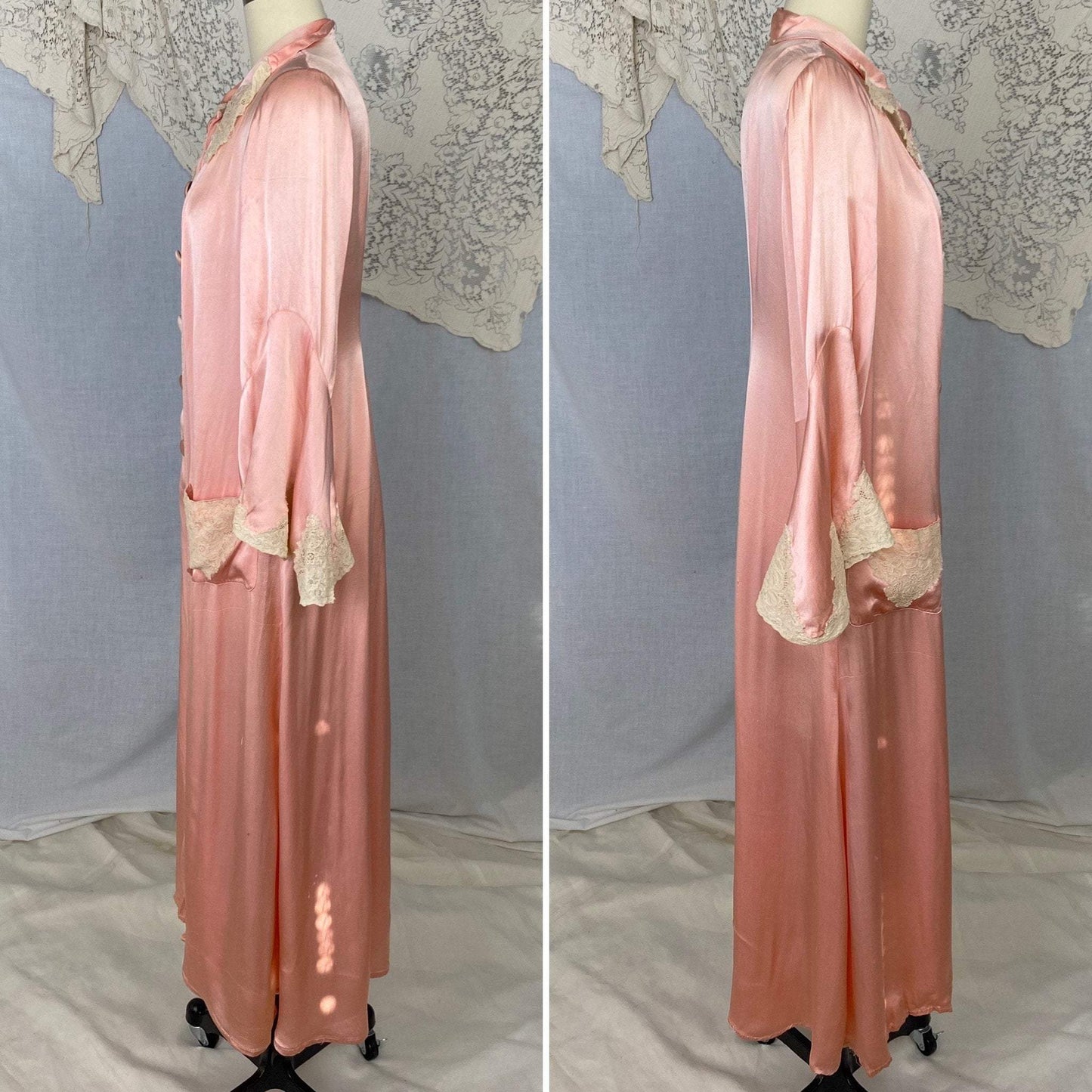Antique 1920's Robe | Bold Rose Pink Rayon Charmeuse with Ivory Lace & Bell Sleeves | Size S, M, LG - Daggers & Dames