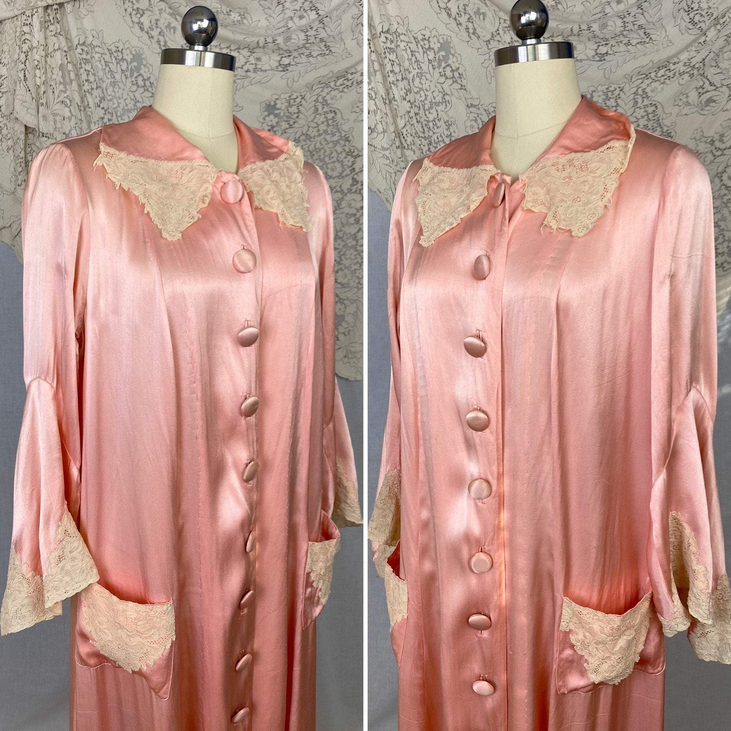 Antique 1920's Robe | Bold Rose Pink Rayon Charmeuse with Ivory Lace & Bell Sleeves | Size S, M, LG - Daggers & Dames
