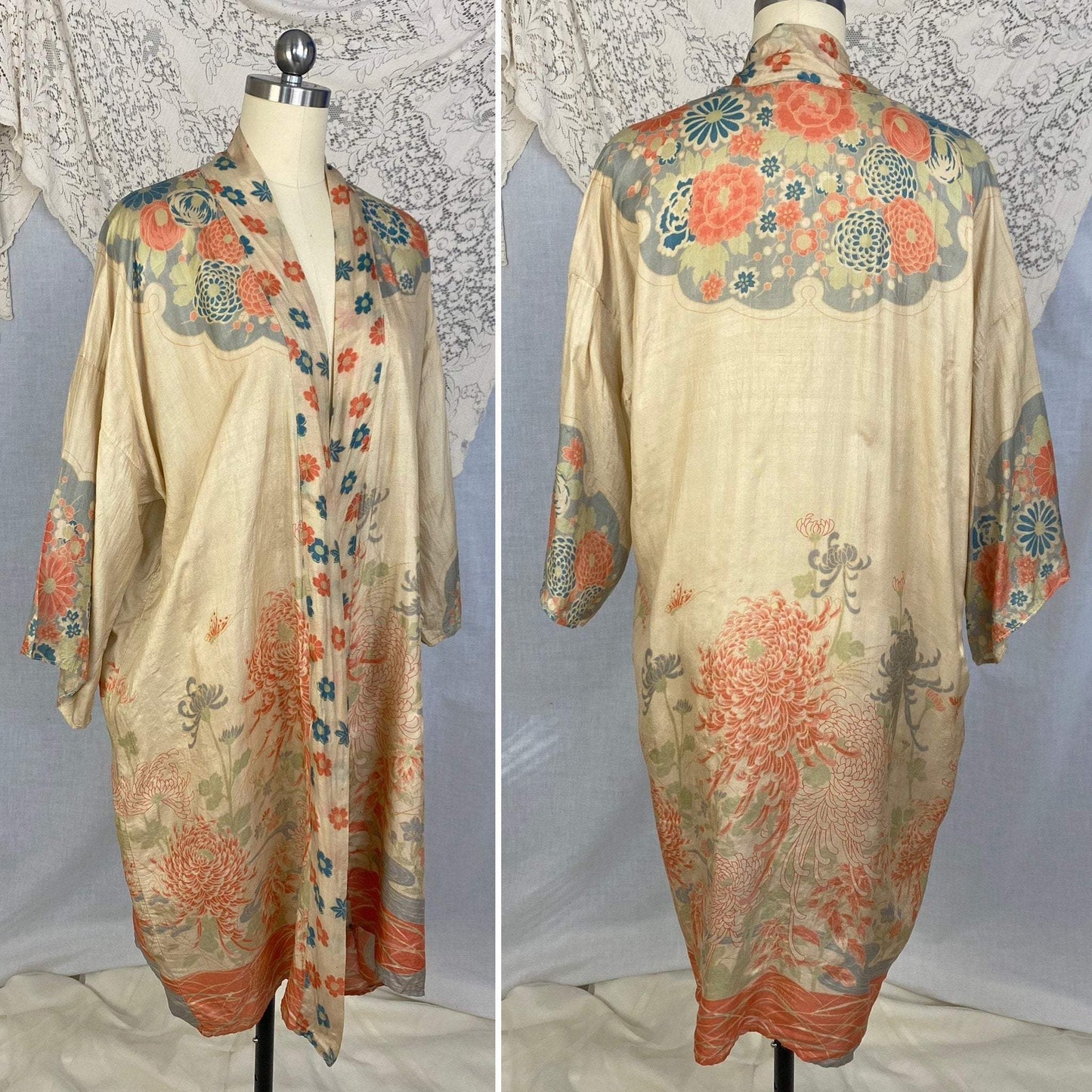 Antique 1920's Robe | Floral Print Raw Pongee Silk | Size Free - Daggers & Dames