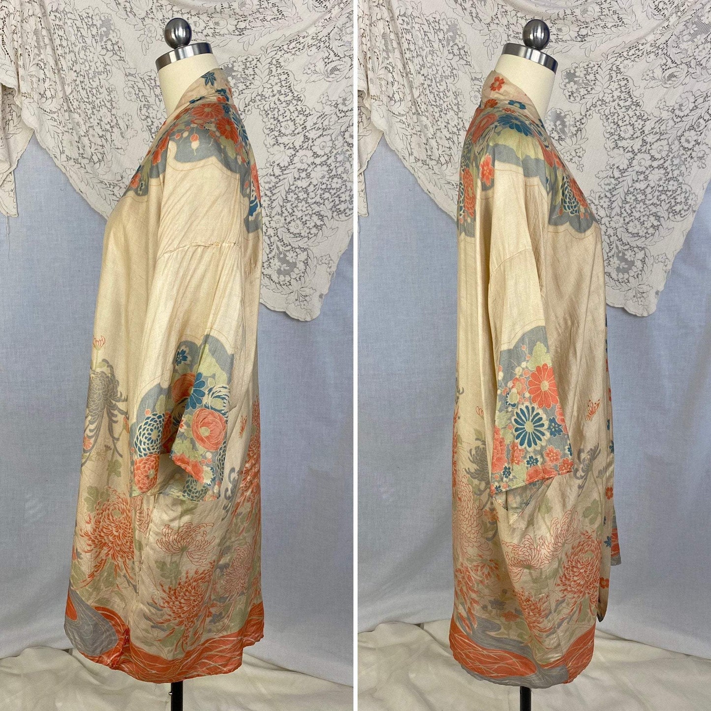 Antique 1920's Robe | Floral Print Raw Pongee Silk | Size Free - Daggers & Dames