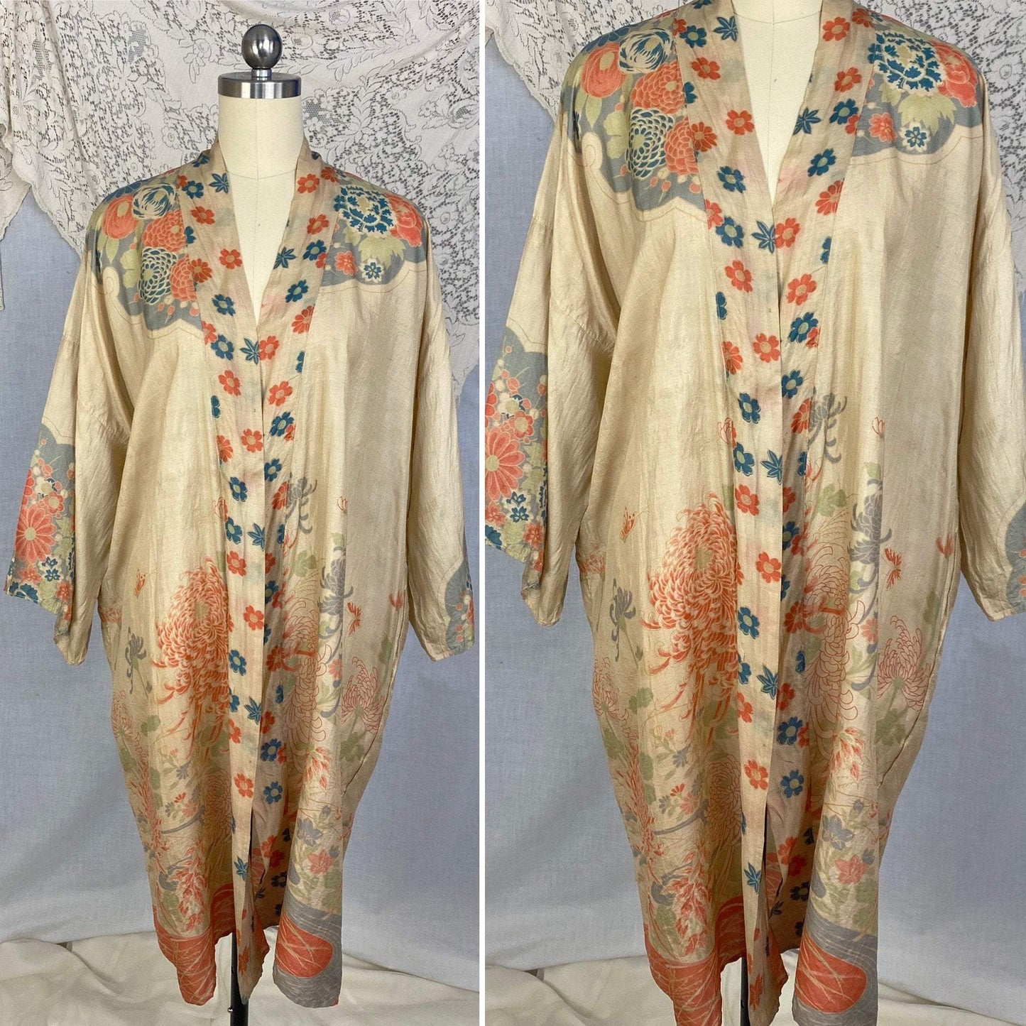 Antique 1920's Robe | Floral Print Raw Pongee Silk | Size Free - Daggers & Dames