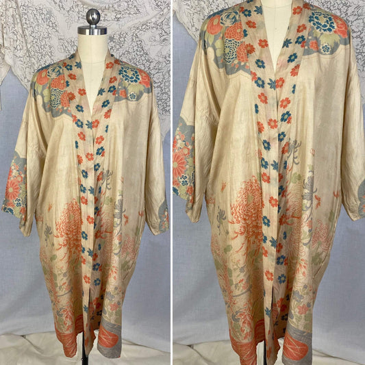 Antique 1920's Robe | Floral Print Raw Pongee Silk | Size Free - Daggers & Dames