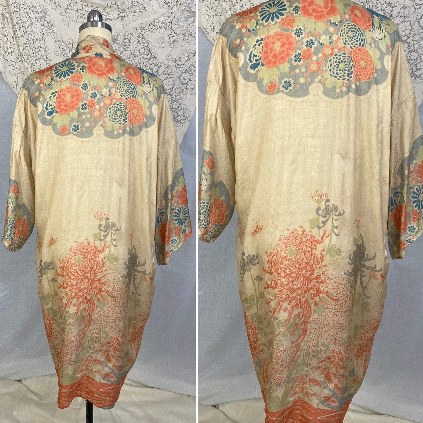 Antique 1920's Robe | Floral Print Raw Pongee Silk | Size Free - Daggers & Dames