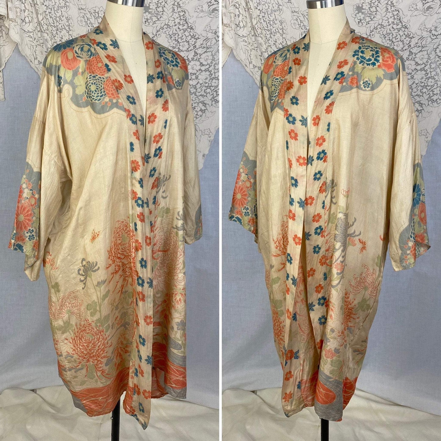 Antique 1920's Robe | Floral Print Raw Pongee Silk | Size Free - Daggers & Dames