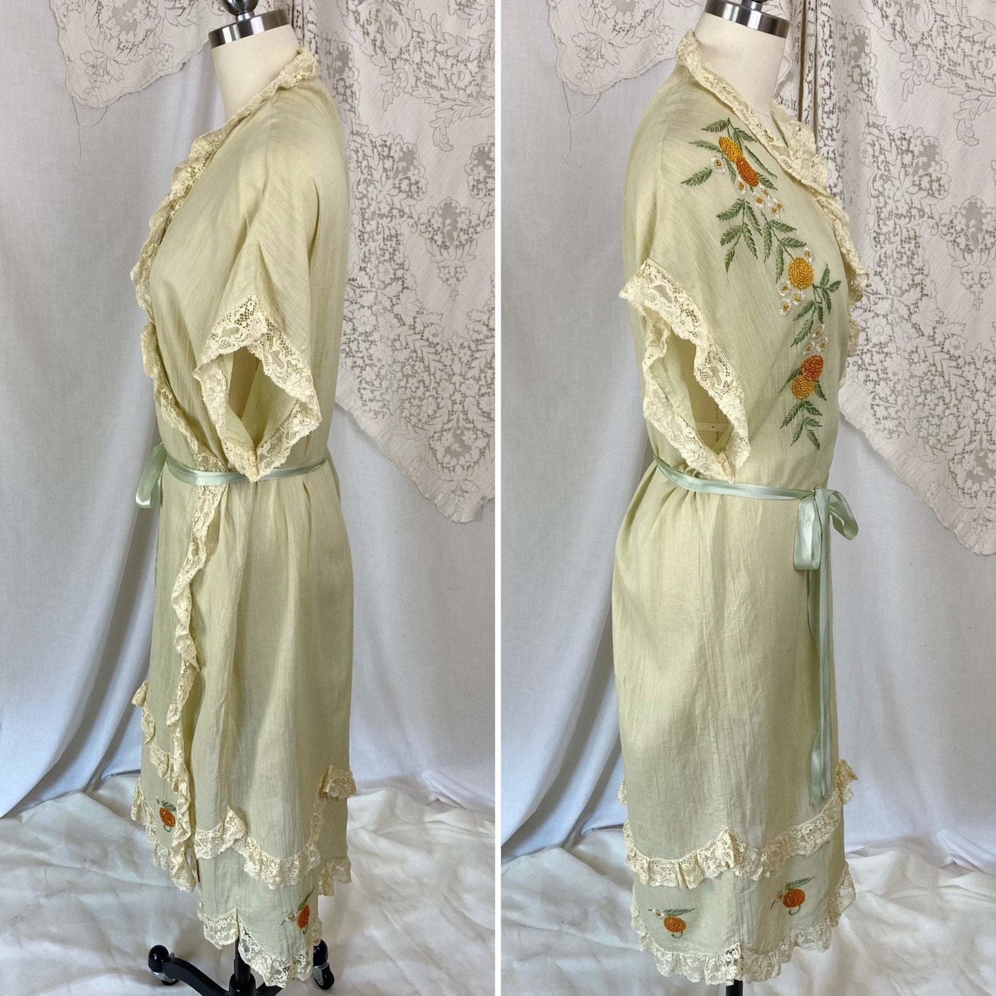 Antique 1920's Robe | Light Sage Green Cotton with Ivory Lace & Floral Embroidery | Size S, M, L - Daggers & Dames