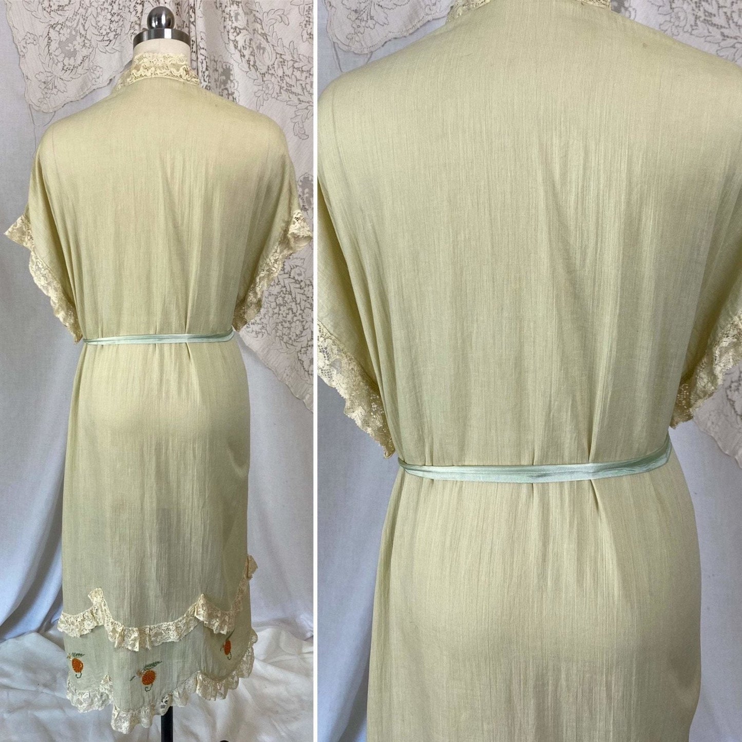Antique 1920's Robe | Light Sage Green Cotton with Ivory Lace & Floral Embroidery | Size S, M, L - Daggers & Dames