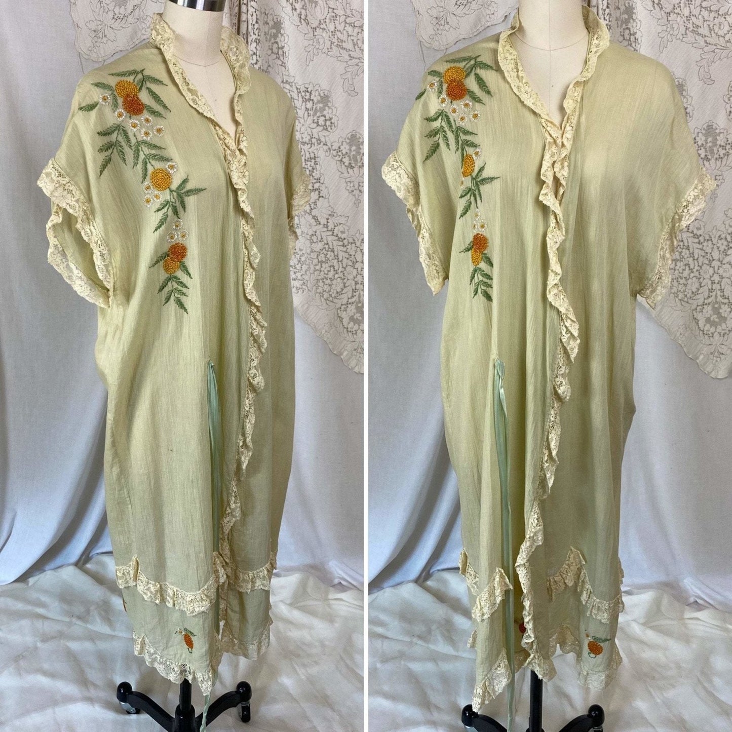 Antique 1920's Robe | Light Sage Green Cotton with Ivory Lace & Floral Embroidery | Size S, M, L - Daggers & Dames