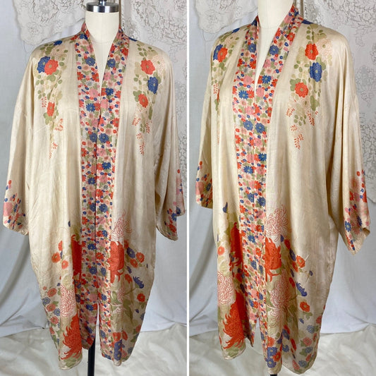 Antique 1920's Robe | Raw Pongee Silk with Bold Floral Print | Made in Japan | Size Free - Daggers & Dames