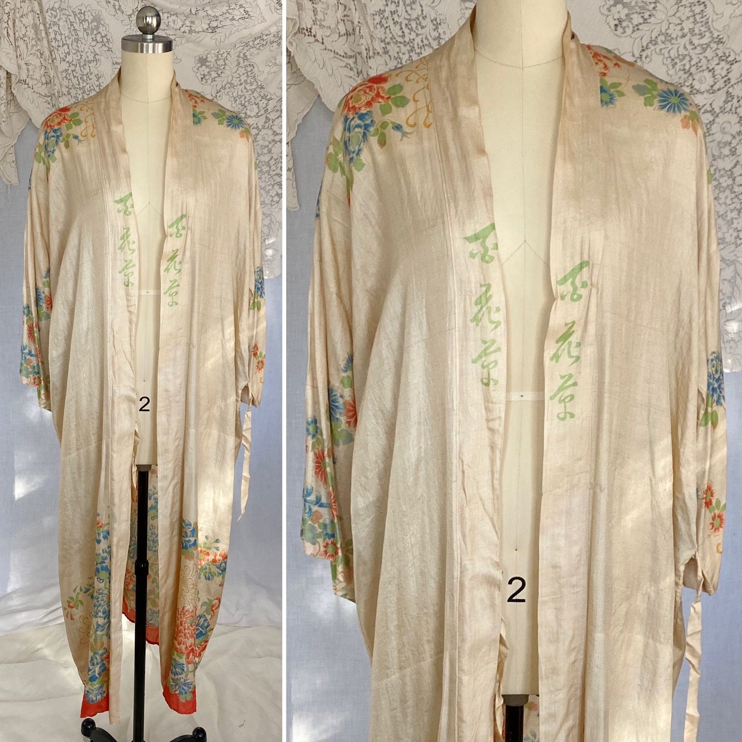 Antique 1920's Robe | Raw Pongee Silk with Bright Floral Print | Size Free | Made in Japan - Daggers & Dames