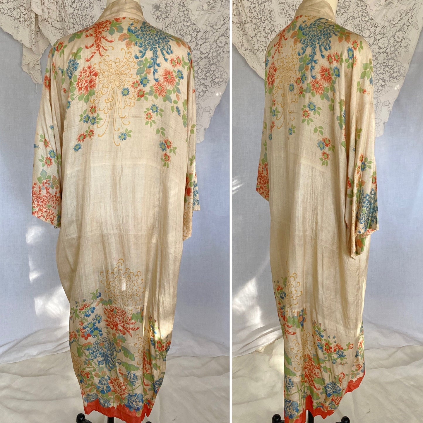Antique 1920's Robe | Raw Pongee Silk with Bright Floral Print | Size Free | Made in Japan - Daggers & Dames
