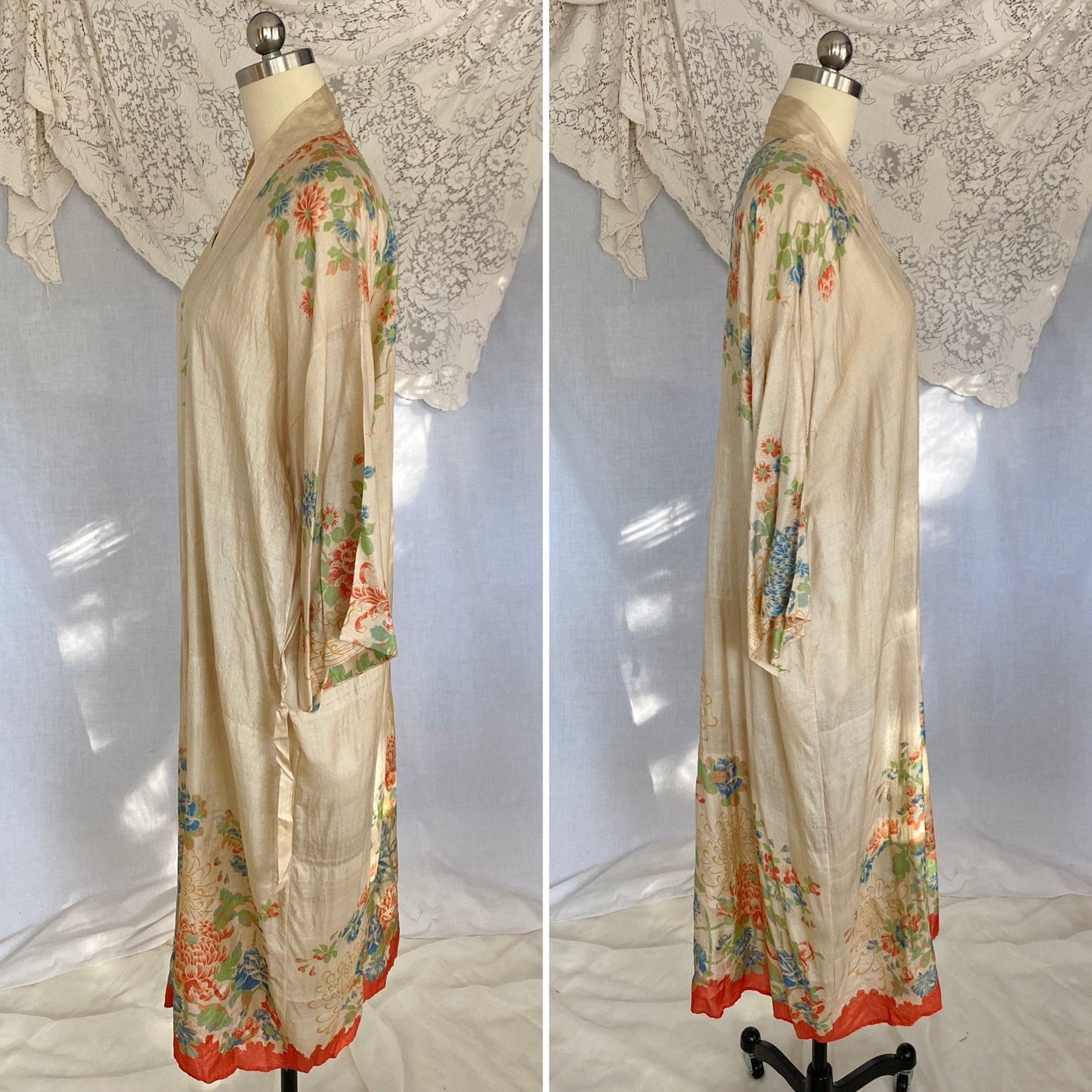 Antique 1920's Robe | Raw Pongee Silk with Bright Floral Print | Size Free | Made in Japan - Daggers & Dames