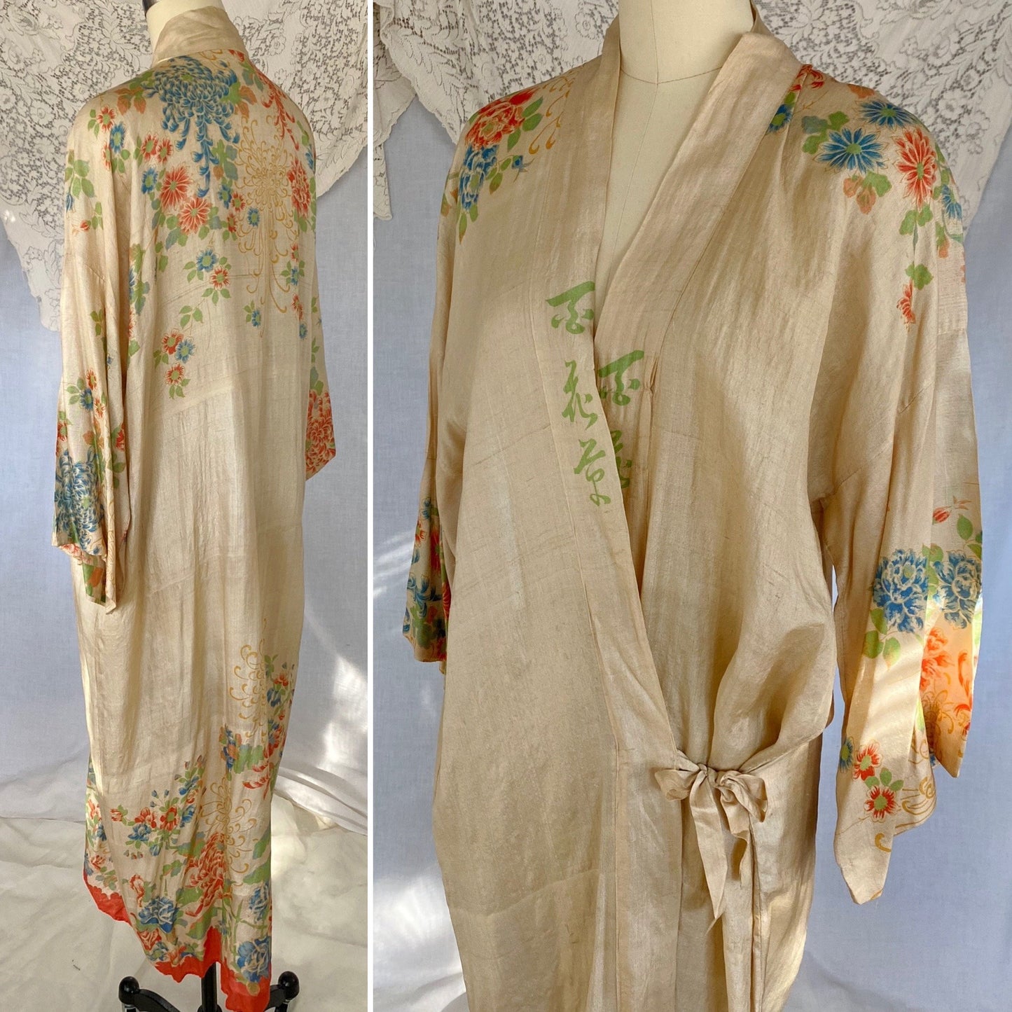 Antique 1920's Robe | Raw Pongee Silk with Bright Floral Print | Size Free | Made in Japan - Daggers & Dames
