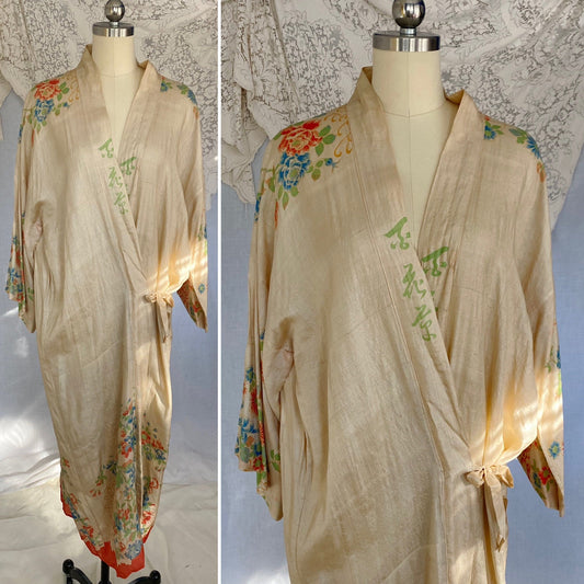 Antique 1920's Robe | Raw Pongee Silk with Bright Floral Print | Size Free | Made in Japan - Daggers & Dames