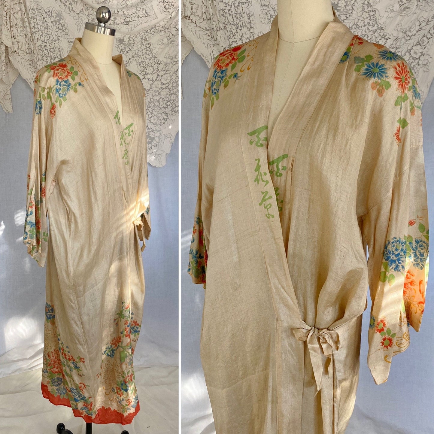 Antique 1920's Robe | Raw Pongee Silk with Bright Floral Print | Size Free | Made in Japan - Daggers & Dames