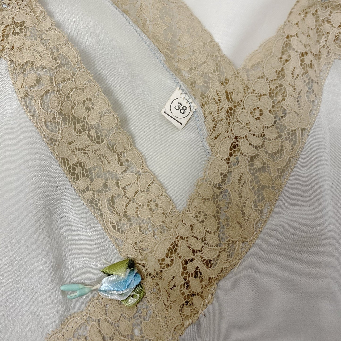 Antique 1920's Step-in Chemise | Aqua Blue Silk Crepe with Mocha Floral Lace | Size M, LG | New Old Stock - Daggers & Dames