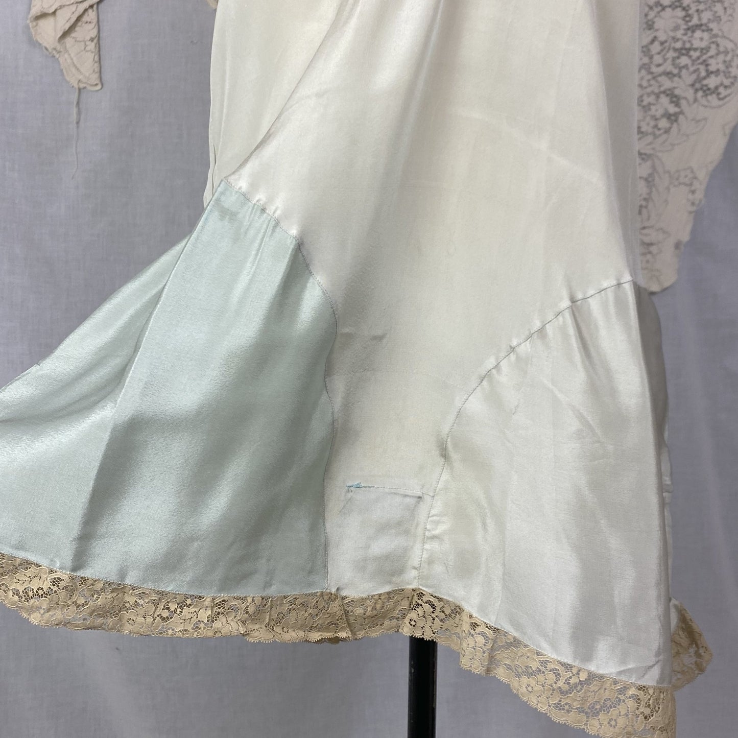 Antique 1920's Step-in Chemise | Aqua Blue Silk Crepe with Mocha Floral Lace | Size M, LG | New Old Stock - Daggers & Dames