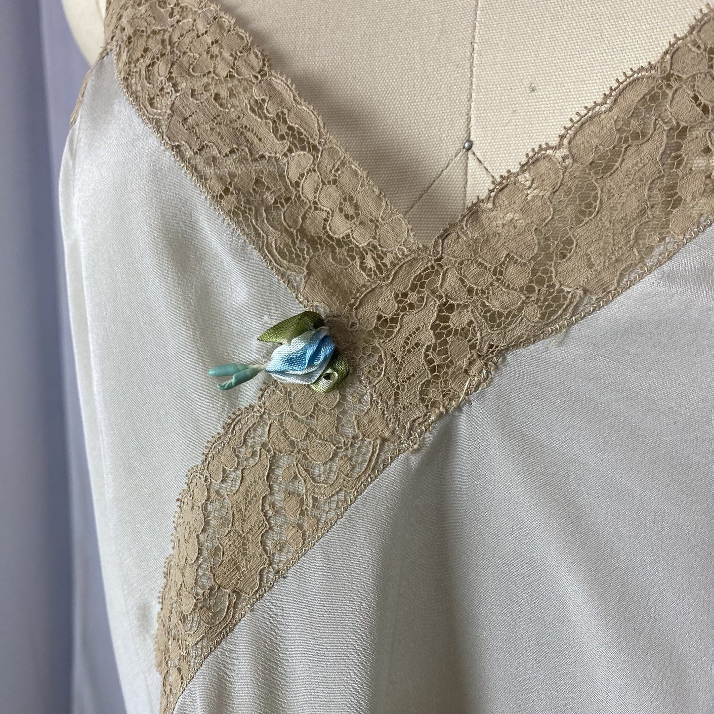 Antique 1920's Step-in Chemise | Aqua Blue Silk Crepe with Mocha Floral Lace | Size M, LG | New Old Stock - Daggers & Dames