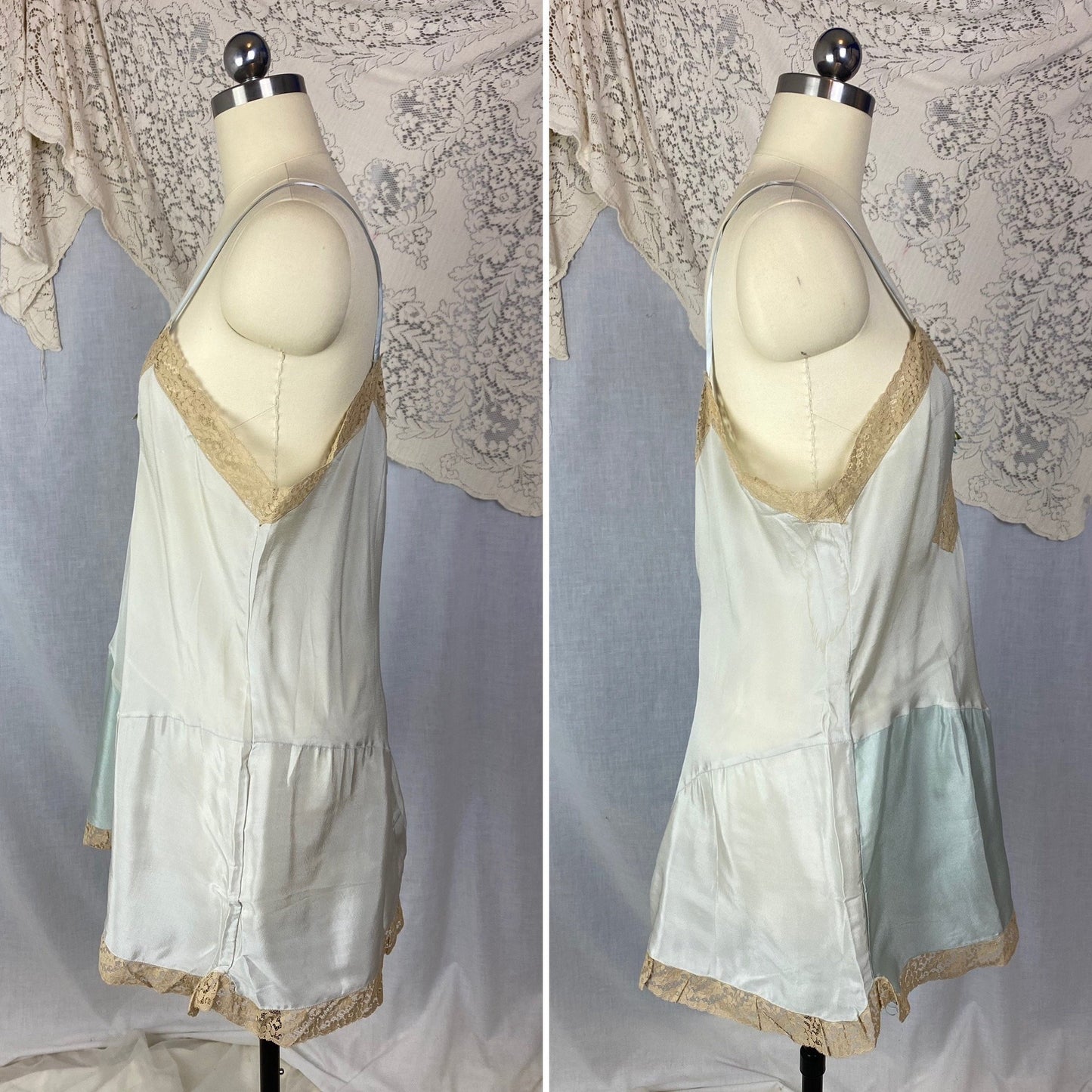 Antique 1920's Step-in Chemise | Aqua Blue Silk Crepe with Mocha Floral Lace | Size M, LG | New Old Stock - Daggers & Dames