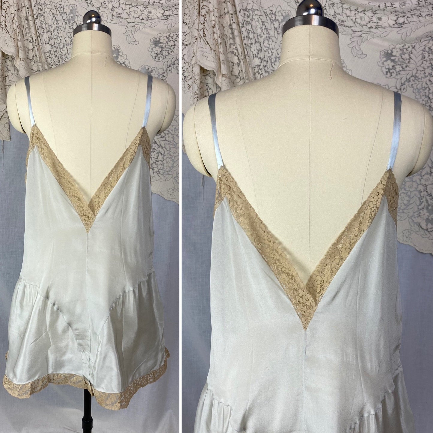 Antique 1920's Step-in Chemise | Aqua Blue Silk Crepe with Mocha Floral Lace | Size M, LG | New Old Stock - Daggers & Dames