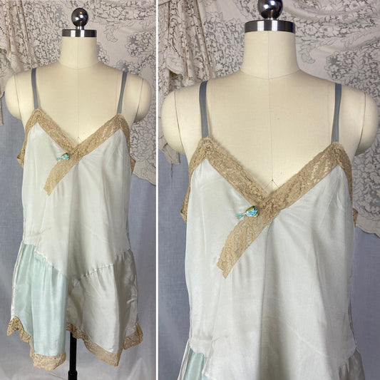 Antique 1920's Step-in Chemise | Aqua Blue Silk Crepe with Mocha Floral Lace | Size M, LG | New Old Stock - Daggers & Dames