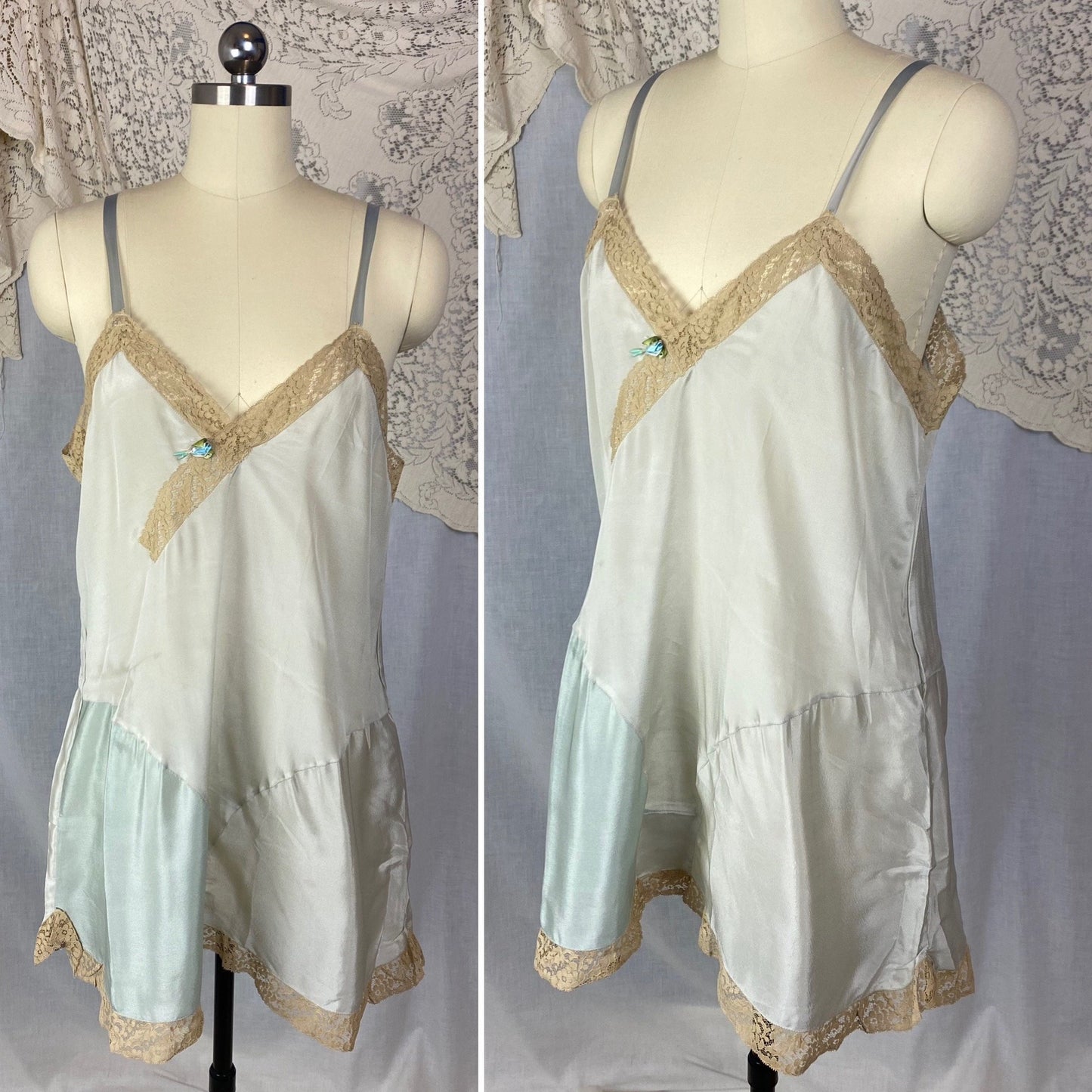 Antique 1920's Step-in Chemise | Aqua Blue Silk Crepe with Mocha Floral Lace | Size M, LG | New Old Stock - Daggers & Dames