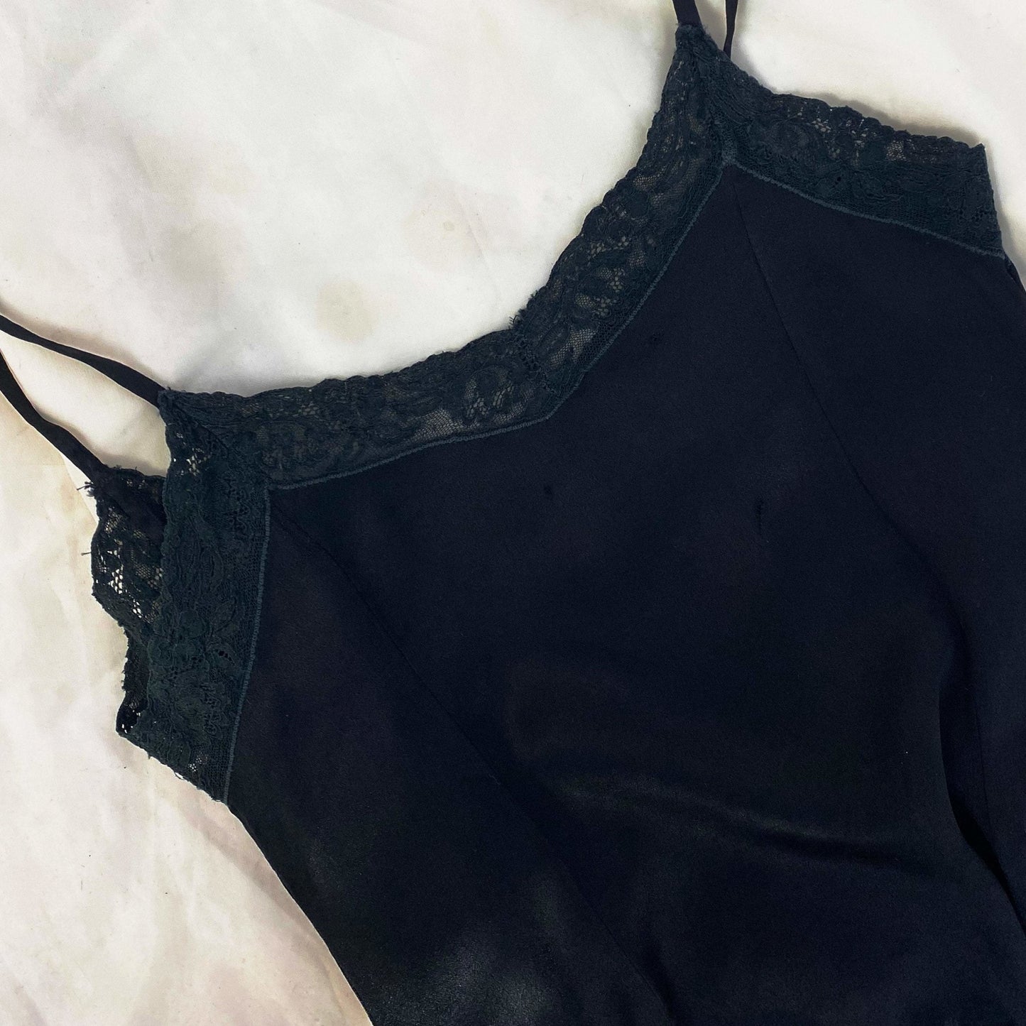 Antique 1920's Step-in Chemise | Black Silk Charmeuse with Lace Trim | Size 30 Bust, XXS - Daggers & Dames