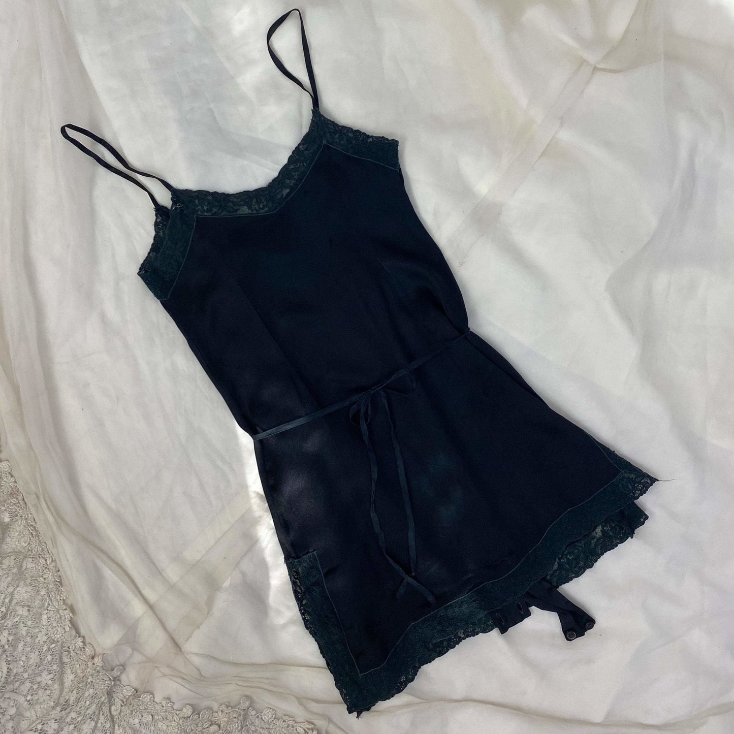 Antique 1920's Step-in Chemise | Black Silk Charmeuse with Lace Trim | Size 30 Bust, XXS - Daggers & Dames