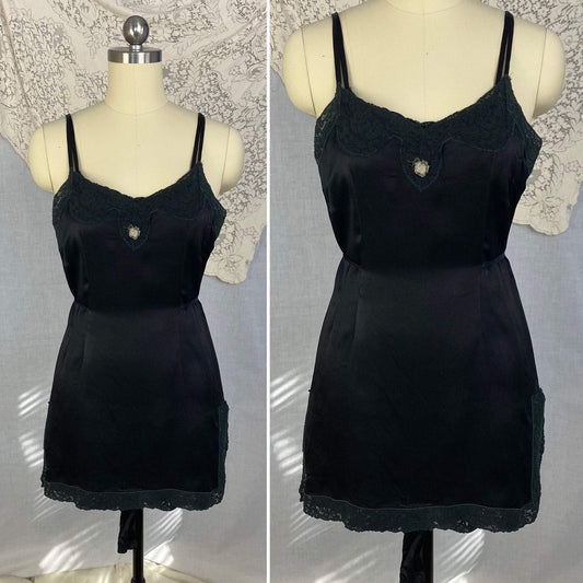 Antique 1920's Step-in Chemise | Black Silk Charmeuse with Lace Trim | Size 30 Bust, XXS - Daggers & Dames