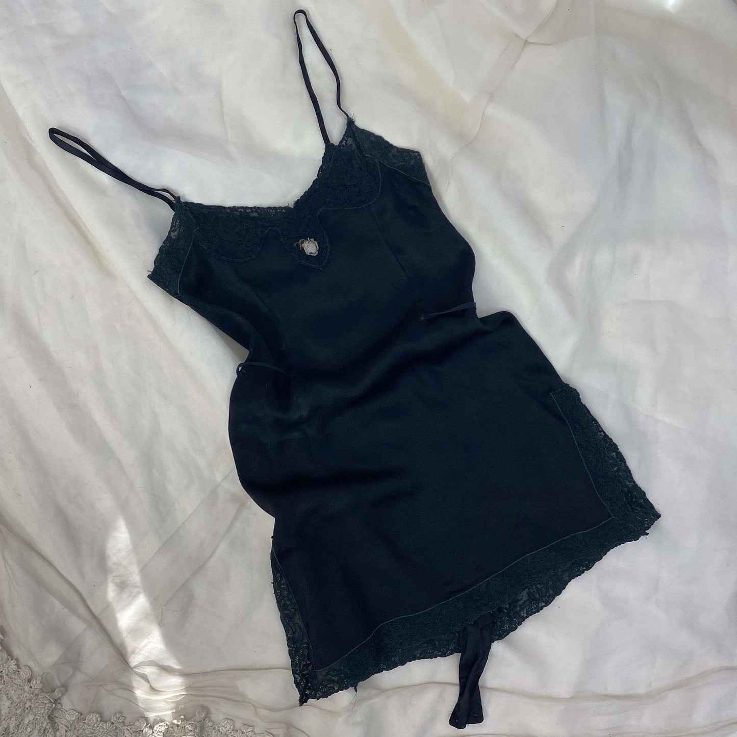 Antique 1920's Step-in Chemise | Black Silk Charmeuse with Lace Trim | Size 30 Bust, XXS - Daggers & Dames