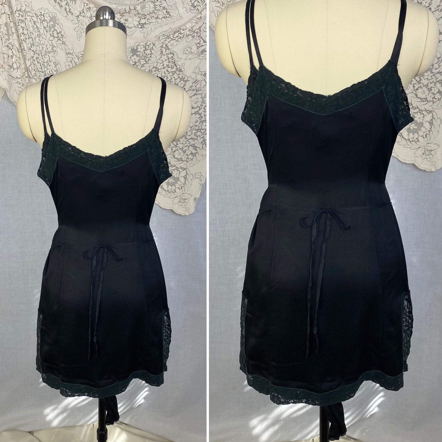 Antique 1920's Step-in Chemise | Black Silk Charmeuse with Lace Trim | Size 30 Bust, XXS - Daggers & Dames
