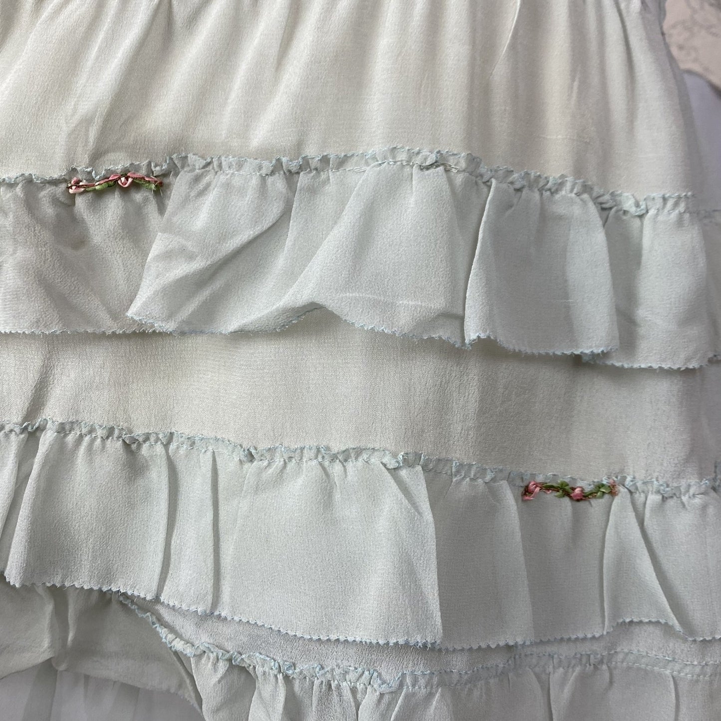Antique 1920's Step In Chemise | Pale Dusty Blue Silk with Floral Embroidery & Ruffles | Size XS, S | New Old Stock - Daggers & Dames