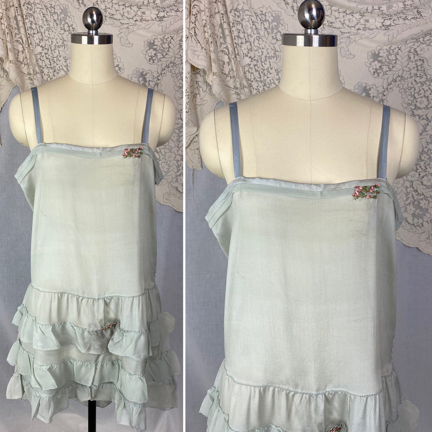 Antique 1920's Step In Chemise | Pale Dusty Blue Silk with Floral Embroidery & Ruffles | Size XS, S | New Old Stock - Daggers & Dames
