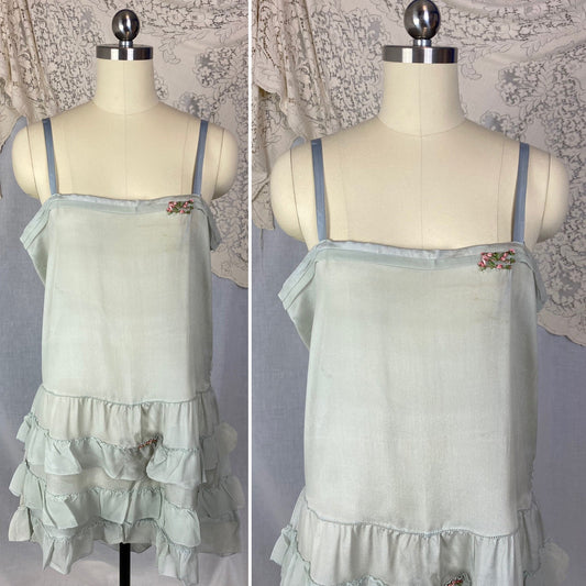 Antique 1920's Step In Chemise | Pale Dusty Blue Silk with Floral Embroidery & Ruffles | Size XS, S | New Old Stock - Daggers & Dames