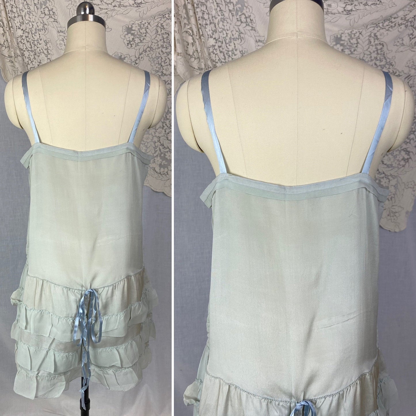 Antique 1920's Step In Chemise | Pale Dusty Blue Silk with Floral Embroidery & Ruffles | Size XS, S | New Old Stock - Daggers & Dames