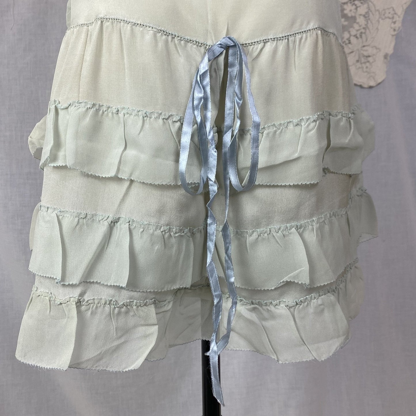 Antique 1920's Step In Chemise | Pale Dusty Blue Silk with Floral Embroidery & Ruffles | Size XS, S | New Old Stock - Daggers & Dames