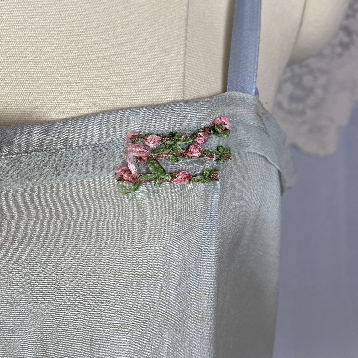 Antique 1920's Step In Chemise | Pale Dusty Blue Silk with Floral Embroidery & Ruffles | Size XS, S | New Old Stock - Daggers & Dames
