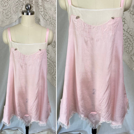 Antique 1920's Step-in Chemise | Pale Petal Pink Silk with White Chiffon & Lace | Size S, M | Burtex, Never Worn - Daggers & Dames