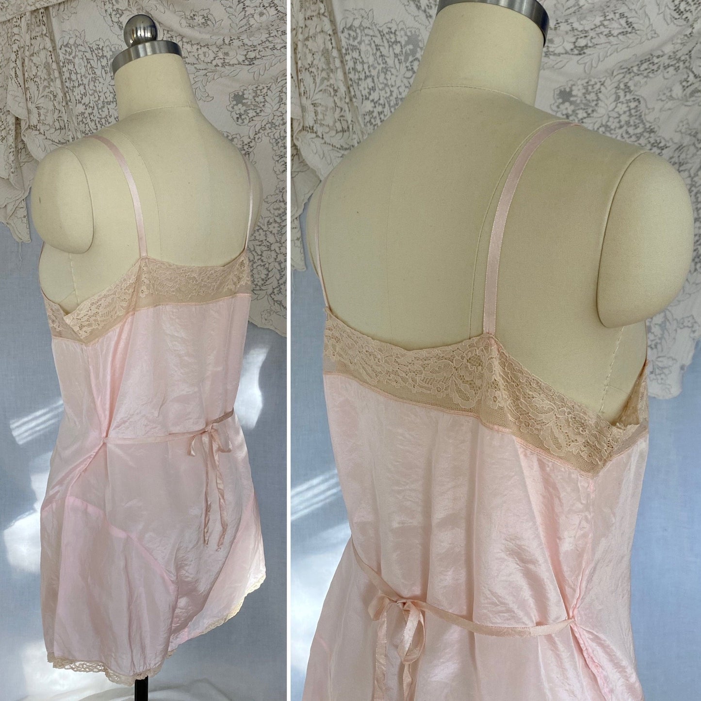 Antique 1920's Step In Chemise | Pale Rose Pink Silk Crepe with Satin Floral Appliqué & Nude Lace | Size S - Daggers & Dames