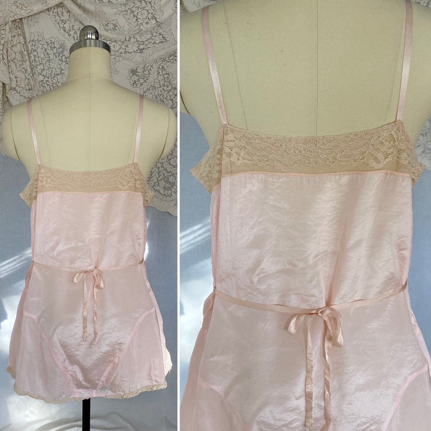 Antique 1920's Step In Chemise | Pale Rose Pink Silk Crepe with Satin Floral Appliqué & Nude Lace | Size S - Daggers & Dames
