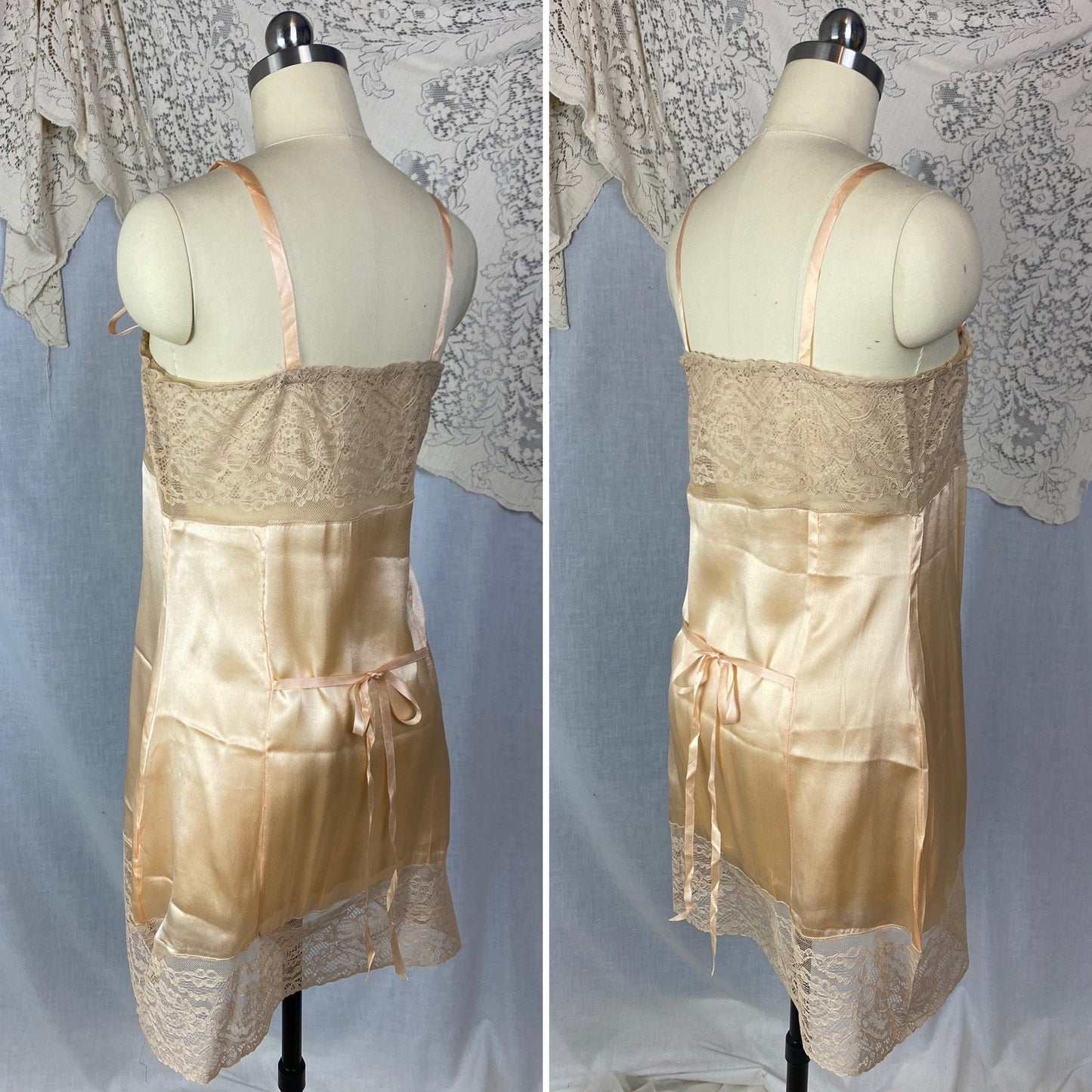 Antique 1920's Step In Chemise | Peach Silk Charmeuse with Embroidered Lace Tulle & Silk Rosette | Size XS, S | New Old Stock - Daggers & Dames