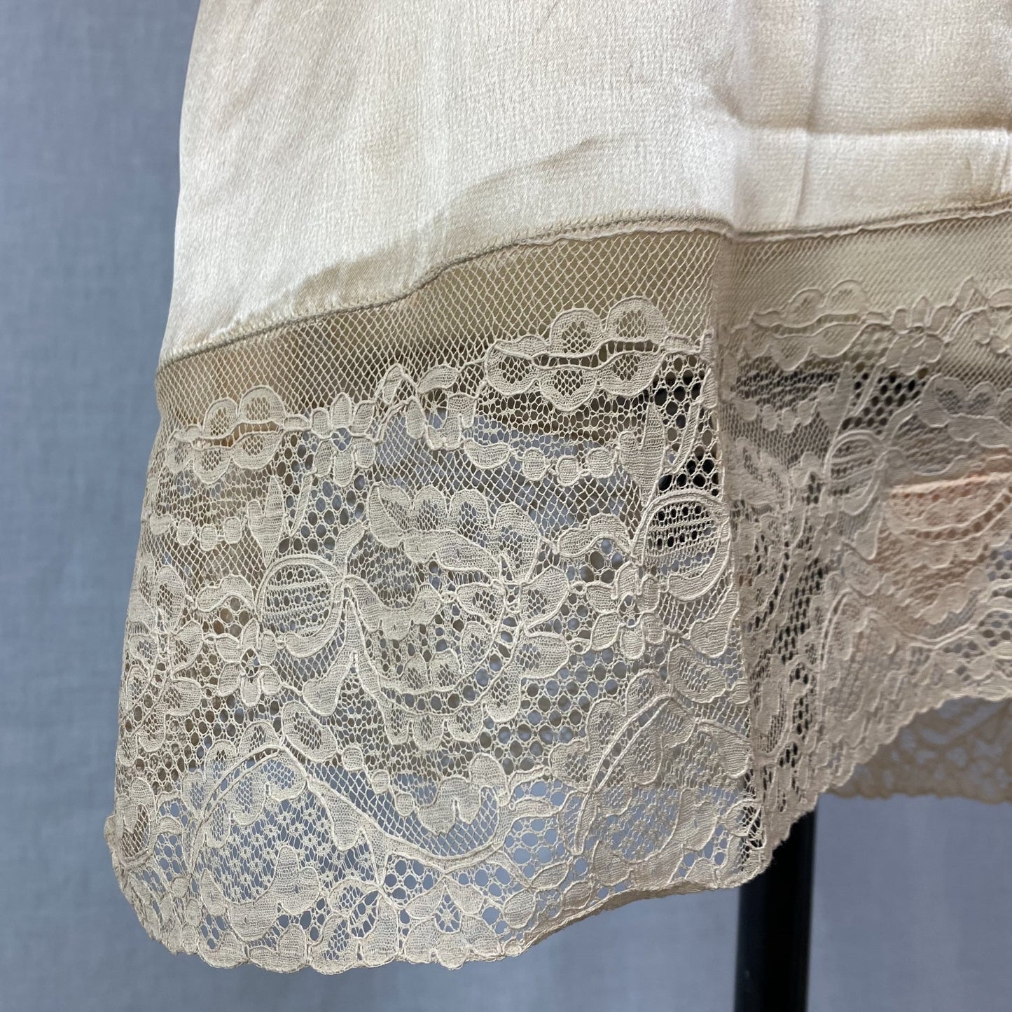 Antique 1920's Step In Chemise | Peach Silk Charmeuse with Embroidered Lace Tulle & Silk Rosette | Size XS, S | New Old Stock - Daggers & Dames