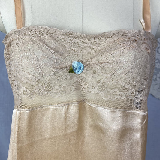 Antique 1920's Step In Chemise | Peach Silk Charmeuse with Embroidered Lace Tulle & Silk Rosette | Size XS, S | New Old Stock - Daggers & Dames
