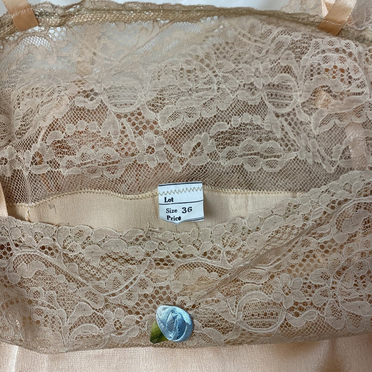 Antique 1920's Step In Chemise | Peach Silk Charmeuse with Embroidered Lace Tulle & Silk Rosette | Size XS, S | New Old Stock - Daggers & Dames